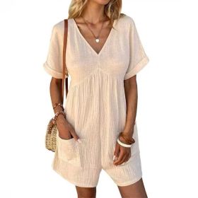 Womens Summer Romper Casual Short Sleeve V Neck Short Jumpsuits With Pockets (Option: Apricot-S)