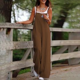 Plus Size Women's Solid Color Casual Jumpsuit - Sleeveless Romper With Pockets For Spring&Summer (Option: Coffee-M)