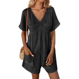 Womens Summer Romper Casual Short Sleeve V Neck Short Jumpsuits With Pockets (Option: Black-S)
