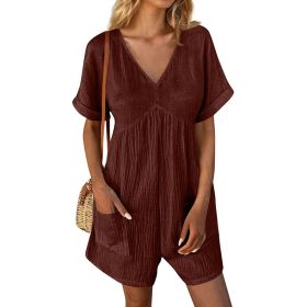 Womens Summer Romper Casual Short Sleeve V Neck Short Jumpsuits With Pockets (Option: Dark Brown-2XL)