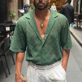 Fashion Mens Clothing Men's Hollow-out Breathable Short-sleeved Lapel Casual Shirt (Option: Green-M)