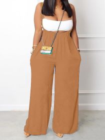 Plus Size Solid Color Pocket Overalls Casual Women's Pants (Option: Khaki-0XL)