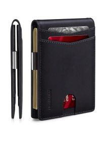 Wallet For Men Slim Bifold Leather Wallet With Money Clip RFID Blocking Minimalist Card Holder Front Pocket Mens Wallet (Color: Black)