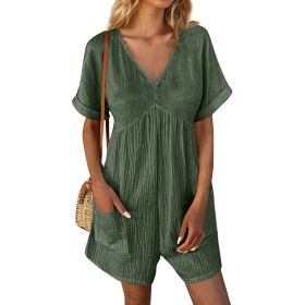 Womens Summer Romper Casual Short Sleeve V Neck Short Jumpsuits With Pockets (Option: Green-XL)
