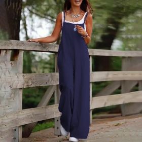 Plus Size Women's Solid Color Casual Jumpsuit - Sleeveless Romper With Pockets For Spring&Summer (Option: Navy Blue-S)