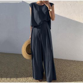 Cotton And Linen Casual Sleeveless Top Wide Leg Pants Two-piece Set (Option: Navy Blue-S)