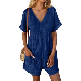 Womens Summer Romper Casual Short Sleeve V Neck Short Jumpsuits With Pockets (Option: Dark Blue-S)
