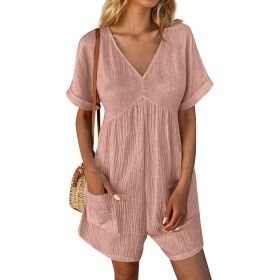 Womens Summer Romper Casual Short Sleeve V Neck Short Jumpsuits With Pockets (Option: Pink-XL)