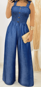 Stylish Ruched Jumpsuit - Sleeveless, Shirred, Wide Leg, Solid Color, Button Decor, Casual, Spring & Summer Essential - Women's Fashion Clothing (Option: Royal Blue-S)