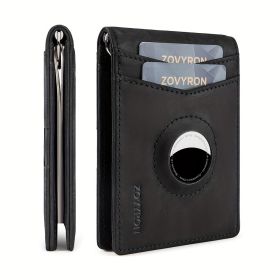 Mens Wallet Genuine Leather Slim Bifold Wallet With Airtag Holder, RFID Blocking, Front Pocket Wallet With Money Clip,ID Window Credit Card Holde (Color: Black)