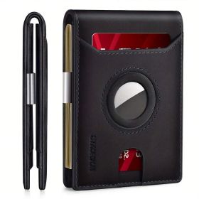 Airtag Wallet Men, Minimalist Front Pocket Wallets With Aritag Holder, Genuine Leather Bifold Slim Wallet, RFID Blocking Wallet For Men Up To 11c (Color: Black)