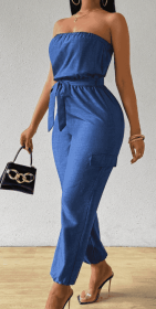 Women's Summer Casual Denim-Look Strapless Jumpsuit With Utility Design (Option: Navy Blue-S)