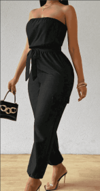 Women's Summer Casual Denim-Look Strapless Jumpsuit With Utility Design (Option: Black-S)