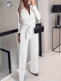 Women's Solid Color Long Sleeved V-neck Bow Tie Design Slimming And Fashionable Jumpsuit (Option: White-S)