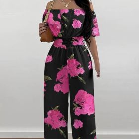 Ladies' One Shoulder Floral Print Waist Cinching Off Shoulder Sexy Fashion Jumpsuit (Option: Pink-S)