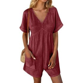 Womens Summer Romper Casual Short Sleeve V Neck Short Jumpsuits With Pockets (Option: Wine Red-S)