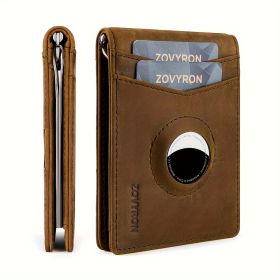 Mens Wallet Genuine Leather Slim Bifold Wallet With Airtag Holder, RFID Blocking, Front Pocket Wallet With Money Clip,ID Window Credit Card Holde (Color: Brown)