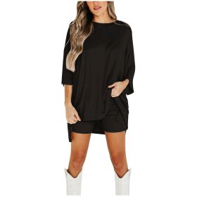 Women's Clothing Fashion Solid Color Loose T-shirt Tight Shorts Women (Option: Black-3XL)