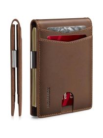 Wallet For Men Slim Bifold Leather Wallet With Money Clip RFID Blocking Minimalist Card Holder Front Pocket Mens Wallet (Color: Brown)