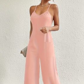 Ladies' Solid Color Chest Pleated Design Cross Suspender Sexy Jumpsuit (Option: Pink-XXL)