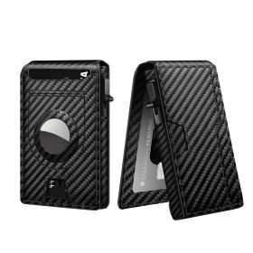 Men's Carbon Fiber RFID Blocking Bi-Fold Wallet With Pop-Up Aluminum Card Slot And AirTag Slot - Minimalist Black Credit Card Holder (Option: CarbonBlack)