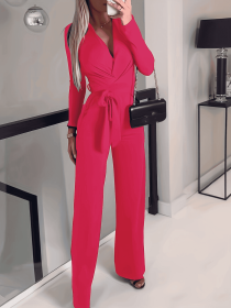 Women's Solid V-neck Bow Tie Waist Slimming Fashion Jumpsuit (Option: Red-L)