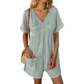 Womens Summer Romper Casual Short Sleeve V Neck Short Jumpsuits With Pockets (Option: Light Blue-M)