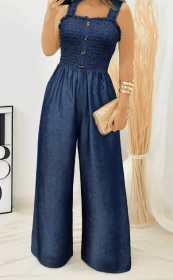 Stylish Ruched Jumpsuit - Sleeveless, Shirred, Wide Leg, Solid Color, Button Decor, Casual, Spring & Summer Essential - Women's Fashion Clothing (Option: Deep Blue-S)
