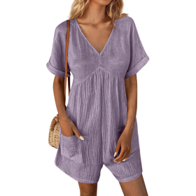 Womens Summer Romper Casual Short Sleeve V Neck Short Jumpsuits With Pockets (Option: Light Purple-M)