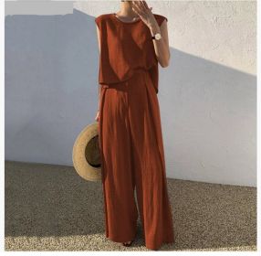 Cotton And Linen Casual Sleeveless Top Wide Leg Pants Two-piece Set (Option: Orange-L)