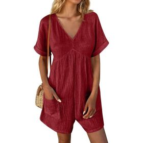Womens Summer Romper Casual Short Sleeve V Neck Short Jumpsuits With Pockets (Option: Red-S)
