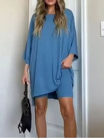 Women's Clothing Fashion Solid Color Loose T-shirt Tight Shorts Women (Option: Gray Blue-3XL)