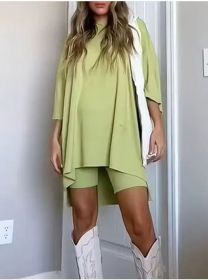 Women's Clothing Fashion Solid Color Loose T-shirt Tight Shorts Women (Option: Mint Green-3XL)