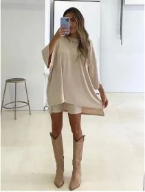 Women's Clothing Fashion Solid Color Loose T-shirt Tight Shorts Women (Option: Beige-3XL)