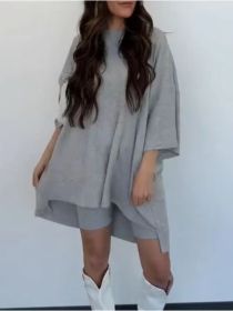 Women's Clothing Fashion Solid Color Loose T-shirt Tight Shorts Women (Option: Light Gray-3XL)