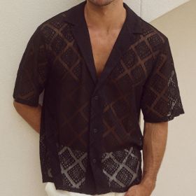 Fashion Mens Clothing Men's Hollow-out Breathable Short-sleeved Lapel Casual Shirt (Option: Black-L)