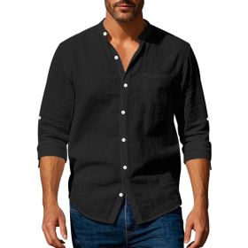 Long Sleeve Stand Collar Shirt With Pockets Casual Men's Clothing (Option: Black-M)