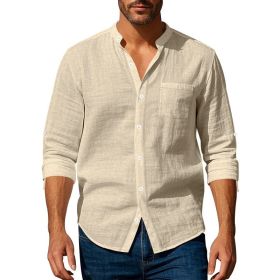 Long Sleeve Stand Collar Shirt With Pockets Casual Men's Clothing (Option: Khaki-M)
