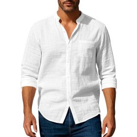 Long Sleeve Stand Collar Shirt With Pockets Casual Men's Clothing (Option: White-M)