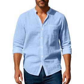 Long Sleeve Stand Collar Shirt With Pockets Casual Men's Clothing (Option: Light Blue-M)