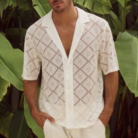 Fashion Mens Clothing Men's Hollow-out Breathable Short-sleeved Lapel Casual Shirt (Option: White-L)