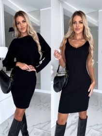 2pcs Suit Women's Solid Stripe Long-sleeved Top And Tight Suspender Skirt Fashion Autumn Winter Slim Clothing (Option: Black-M)