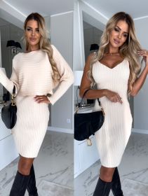 2pcs Suit Women's Solid Stripe Long-sleeved Top And Tight Suspender Skirt Fashion Autumn Winter Slim Clothing (Option: Beige-M)