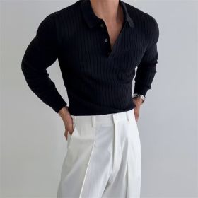 Lapel Button Long Sleeve Polo Shirt Slim Fashion Solid Striped Knitted Bottoming Shirt Top Men's Clothing (Option: Black-XL)