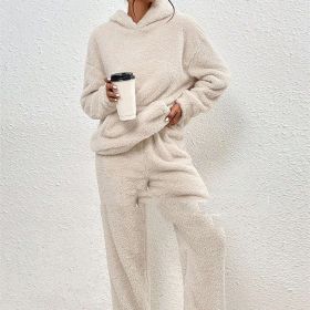 Fleece-lined Hooded Long Sleeve Dimensional Patch Pocket Casual Trousers Solid Color Suit (Option: Apricot-5XL)