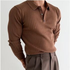 Lapel Button Long Sleeve Polo Shirt Slim Fashion Solid Striped Knitted Bottoming Shirt Top Men's Clothing (Option: Dark brown-XL)