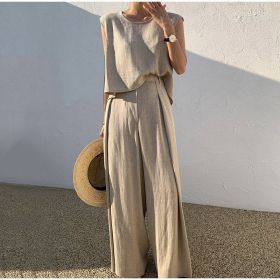 Cotton And Linen Casual Sleeveless Top Wide Leg Pants Two-piece Set (Option: Khaki-L)