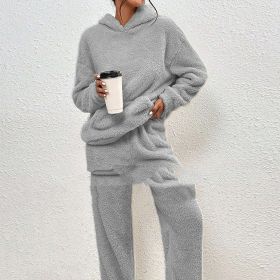 Fleece-lined Hooded Long Sleeve Dimensional Patch Pocket Casual Trousers Solid Color Suit (Option: Light Gray-XXL)