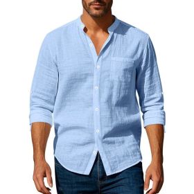Long Sleeve Stand Collar Shirt With Pockets Casual Men's Clothing (Option: Light Blue-XXXL)