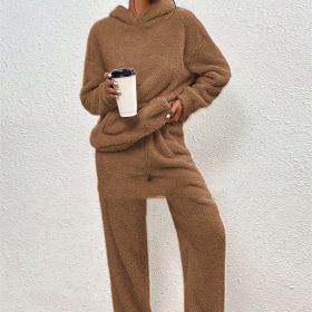 Fleece-lined Hooded Long Sleeve Dimensional Patch Pocket Casual Trousers Solid Color Suit (Option: Caramel-L)